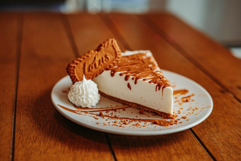 Part de cheese cake avec un biscuit Lotus planté dedans du restaurant la table de 3 à Bordeaux.